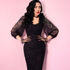 Vixen by Micheline Pitt Black Decadence Dress - Size Large - EUC with Belt